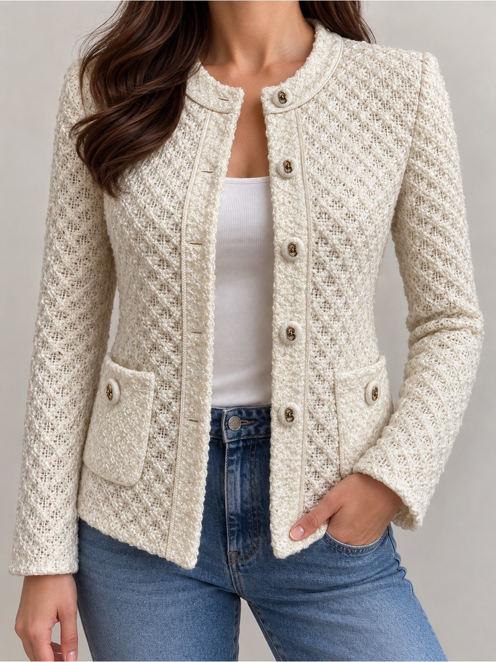CREAM TEXTURED TWEED BOUCLE JACKET Size XS